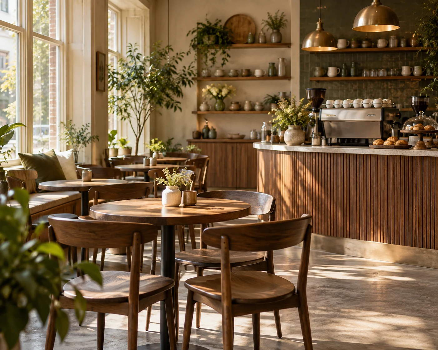 A thoughtfully designed independent café with natural light and warm wood details; illustrative image